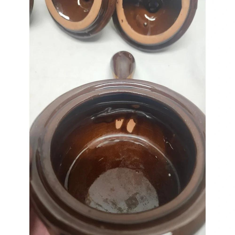 Vintage French Onion Soup Stoneware Crocks with Lids Brown Two Tone Set of 4